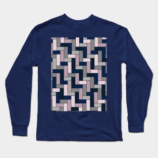 Geometric Tiles in Navy, Grey and Pink Long Sleeve T-Shirt